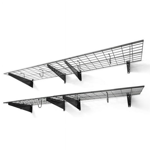 CAPHAUS Garage Wall Shelving 2-Pack of 1.5ft x 6ft, 18-Inch-Depth by 72-Inch-Width, Wall Mounted Garage Shelves with 8 Bike Hooks, Heavy Duty Wall Shelf for Garage Wall Storage System, Black or White