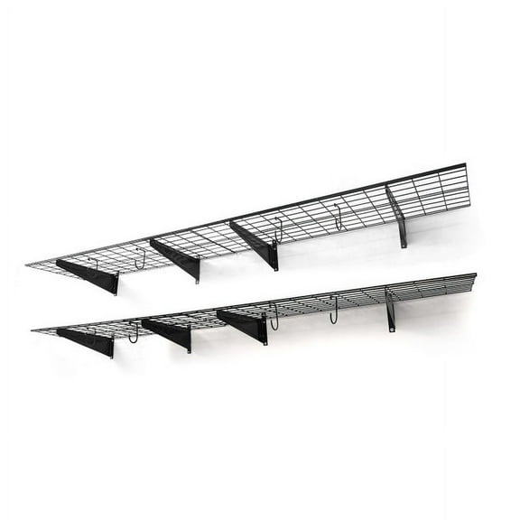 CAPHAUS Garage Wall Shelving 2-Pack of 1.5ft x 8ft, 18-Inch-Depth by 96-Inch-Width, Wall Mounted Garage Shelves with 8 Bike Hooks, Heavy Duty Wall Shelf for Garage Wall Storage System, Black or White