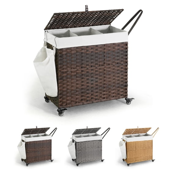CAPHAUS Handwoven Basket w/ Lid for Storage, Synthetic Rattan Laundry Hamper w/ Wheels, Clothes Hamper for Laundry, Laundry Basket w/ Lid, Removable Liner Bags, Mesh Bags, Pulling Strap, 140L, Brown