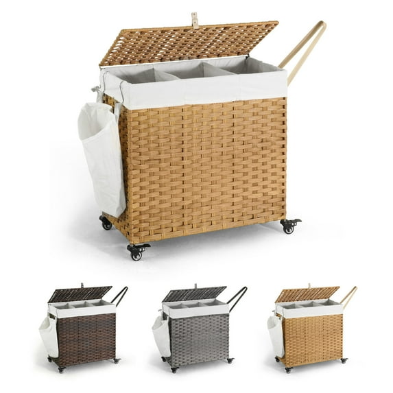 CAPHAUS Handwoven Basket w/ Lid for Storage, Synthetic Rattan Laundry Hamper w/ Wheels, Clothes Hamper for Laundry, Laundry Basket w/ Lid, Removable Liner Bags, Mesh Bags, Pulling Strap, 140L, Natural