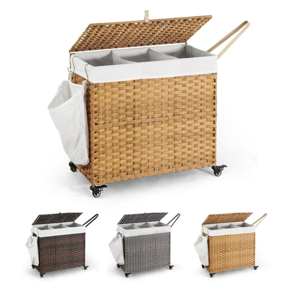 CAPHAUS Handwoven Basket w/ Lid for Storage, Synthetic Rattan Laundry Hamper w/ Wheels, Clothes Hamper for Laundry, Laundry Basket w/ Lid, Removable Liner Bags, Mesh Bags, Pulling Strap, 160L, Natural