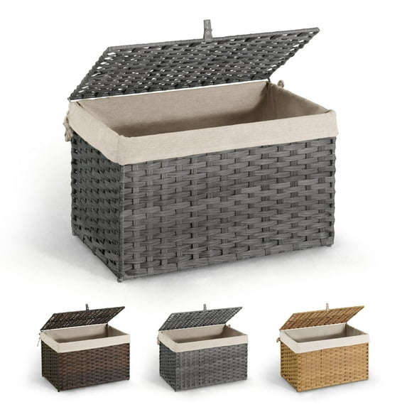 CAPHAUS Handwoven Storage Basket w/ Lid and Handles, 2 Removable Liner Bags, Foldable Clothes Hamper for Laundry, Large Synthetic Rattan Laundry Hamper w/ Lid, Laundry Basket w/ Lid, 105L, Grey