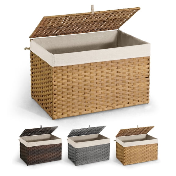 CAPHAUS Handwoven Storage Basket w/ Lid and Handles, 2 Removable Liner Bags, Foldable Clothes Hamper for Laundry, Large Synthetic Rattan Laundry Hamper w/ Lid, Laundry Basket w/ Lid, 160L, Natural