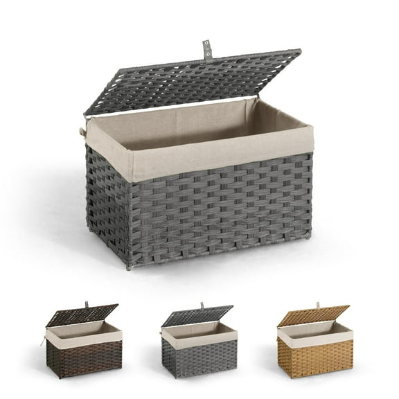 CAPHAUS Handwoven Storage Basket w/ Lid and Handles, 2 Removable Liner Bags, Foldable Clothes Hamper for Laundry, Large Synthetic Rattan Laundry Hamper w/ Lid, Laundry Basket w/ Lid, 65L, Grey