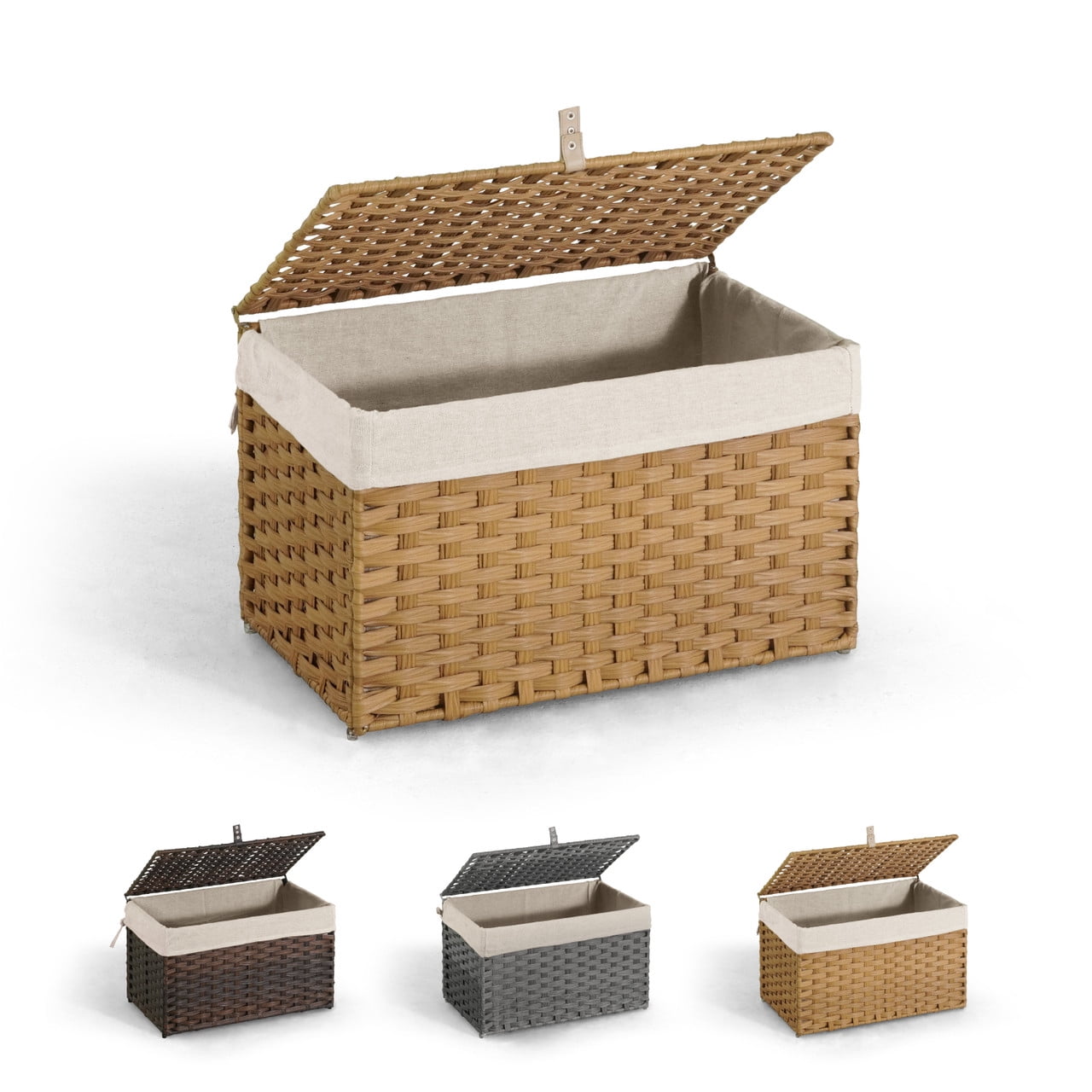 CAPHAUS Handwoven Storage Basket w/ Lid and Handles, 2 Removable Liner Bags, Foldable Clothes Hamper for Laundry, Large Synthetic Rattan Laundry Hamper w/ Lid, Laundry Basket w/ Lid, 65L, Natural