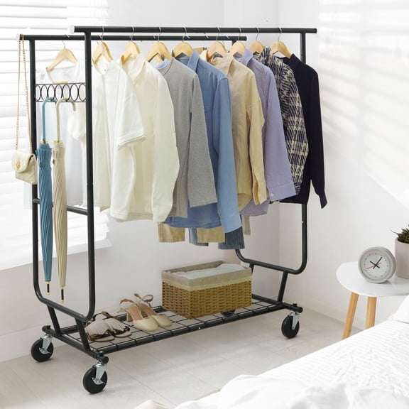 CAPHAUS Heavy Duty Clothes Rack with Double Rods, 660LBS Capacity Rolling Clothing Rack for Hanging Clothes, Adjustable Metal Wardrobe Rack, Garment Rack with Shelf, Wheels, Extendable Rods, Black