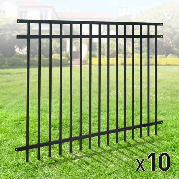 CAPHAUS Heavy Duty Flat Top Fence Barrier Panel, 4FT Height X 6FT Width Anti-Rust Metal Fencing Panel, 2” Diameter Steel Outdoor Decorative Garden Fence Panel for Yard, Pool, Patio, Pack of 10