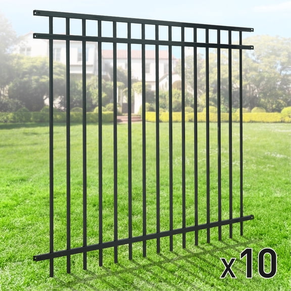 CAPHAUS Heavy Duty Flat Top Fence Barrier Panel, 5FT Height X 6FT Width Anti-Rust Metal Fencing Panel, 2” Diameter Steel Outdoor Decorative Garden Fence Panel for Yard, Pool, Patio, Pack of 10