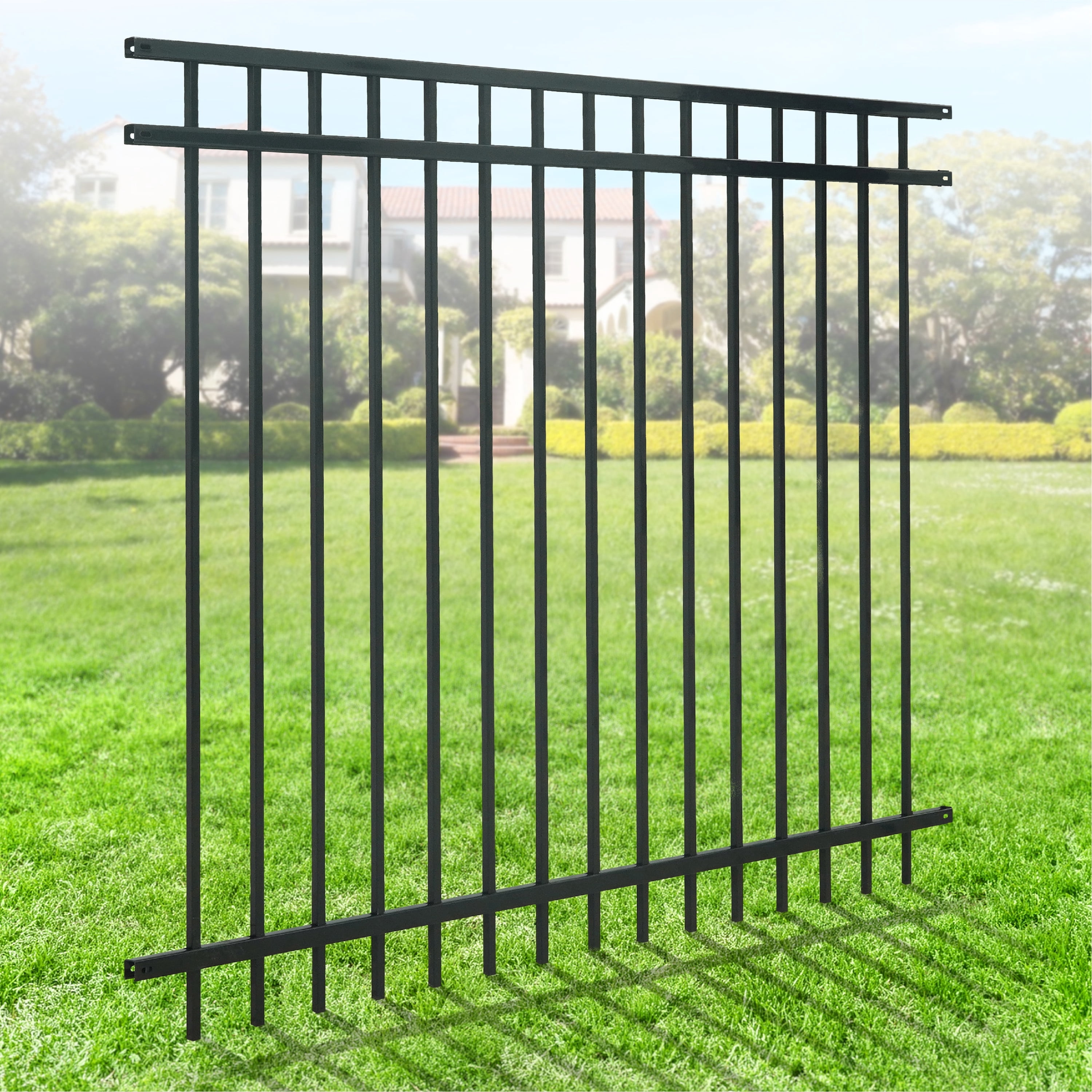 CAPHAUS Heavy Duty Flat Top Fence Barrier Panel, 5FT Height X 6FT Width Anti-Rust Metal Fencing Panel, 2” Diameter Steel Outdoor Decorative Garden Fence Panel for Yard, Pool, Patio, Single Panel