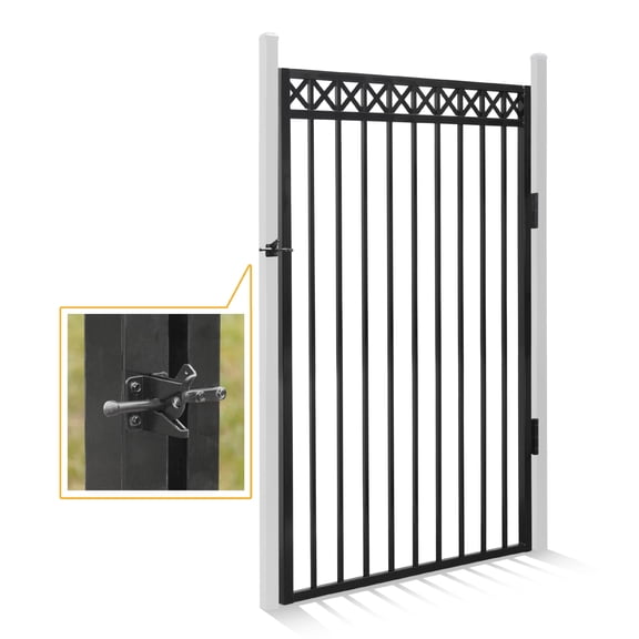 CAPHAUS Heavy Duty Flat Top X-Pattern Decorative Fence Gate, 6FT Height x 4FT Width Outdoor Fence Gate, Outdoor Anti-Rust Metal Steel Gate for Fencing Barrier, Garden Gate with Gate Lock