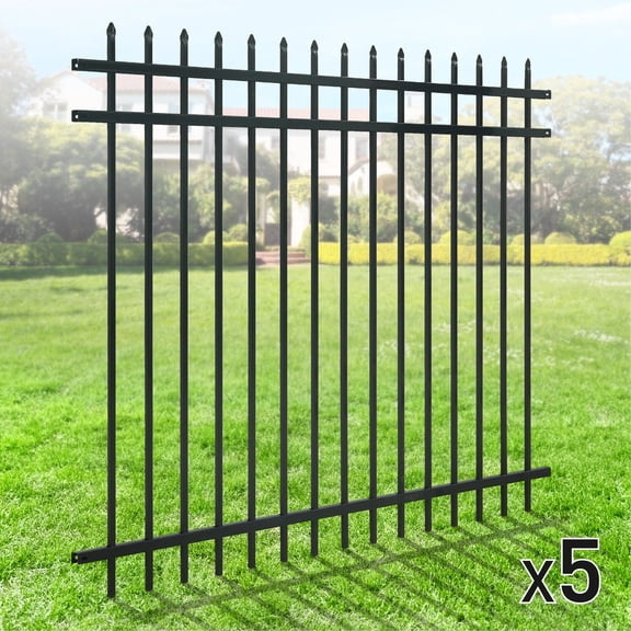 CAPHAUS Heavy Duty Pinnacle Fence Barrier Panel, 5FT Height X 6FT Width Anti-Rust Metal Fencing Panel, 2” Diameter Steel Outdoor Decorative Garden Fence Panel for Yard, Pool, Patio, Pack of 5