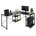 thumbnail image 1 of CAPHAUS L-shaped Computer Desk, 59 Inch Home Office Desk, Study Writing Corner Desk with 2-Tier Storage Shelves, Industrial Modern Laptop Workstation with Iron Hook, Rustic Oak and Black P2 Board, 1 of 8