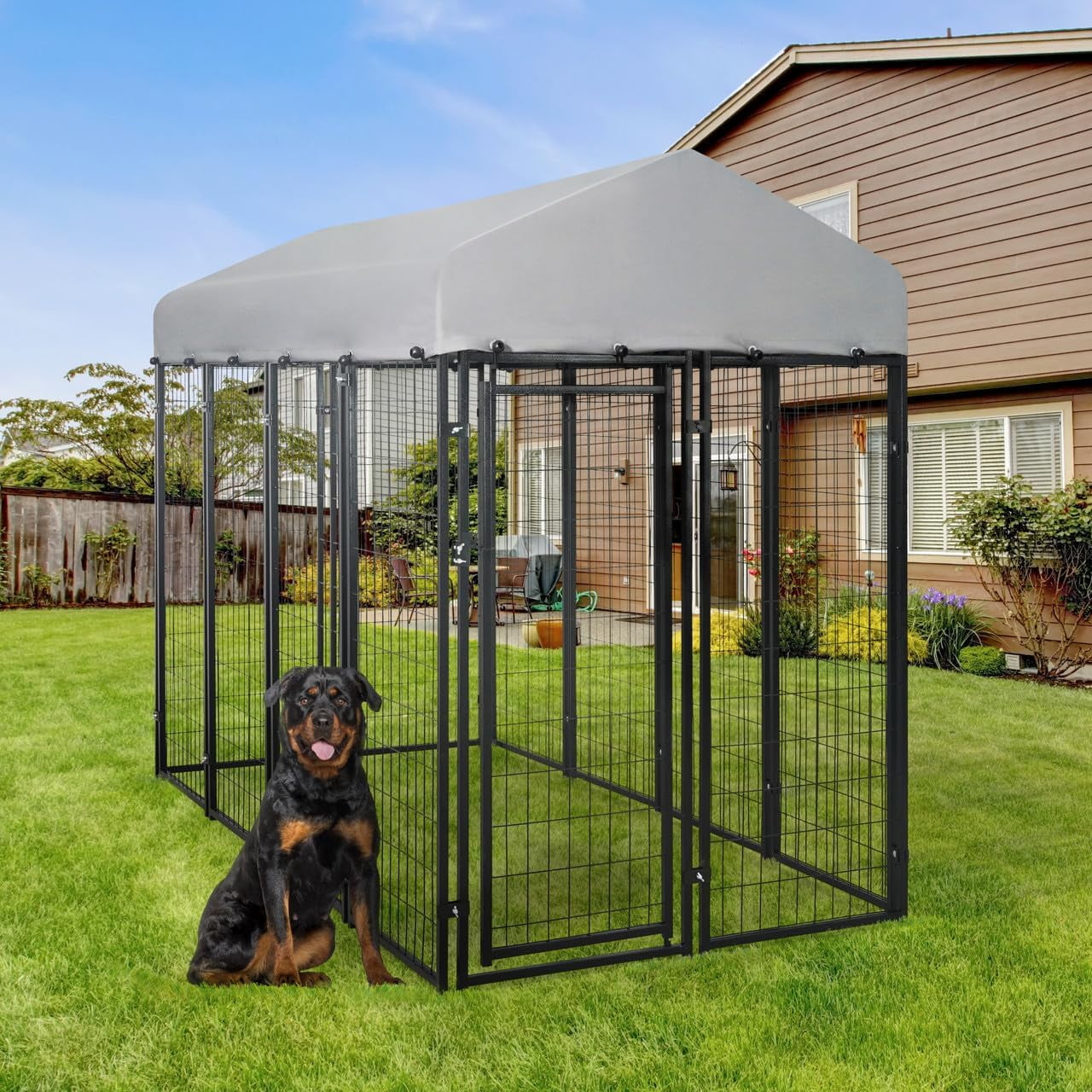 Large Black Metal Dog Kennel with Removable Grey Roof