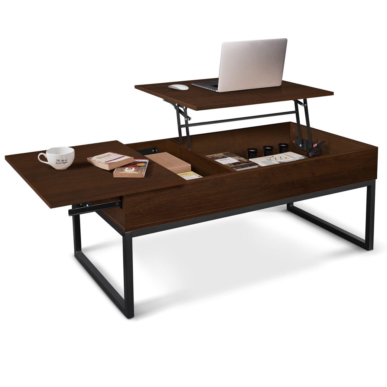 DUMOS Lift Top Coffee Tables For Living Room Apartment, Rising Tabletop Wooden Coffee Table Desk With Storage Shelf And Hidden Compartment, Rtic Brown