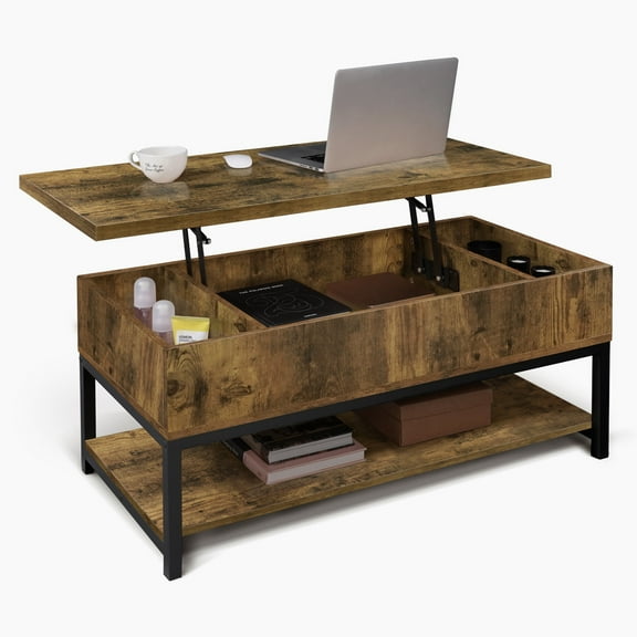CAPHAUS Lift Top Coffee Table w/ Storage, Coffee Table w/ Bottom Open Shelf, Storage Coffee Table w/ Lift Top for Living Room, Rising Top Coffee Table w/ Hidden Compartment Storage, 41" Rustic Oak