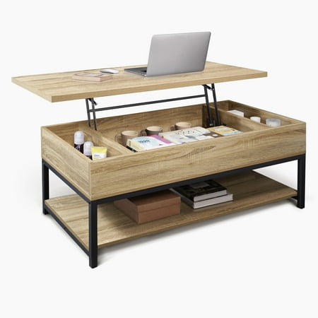 CAPHAUS Lift Top Coffee Table w/ Storage, Coffee Table w/ Bottom Open Shelf, Storage Coffee Table w/ Lift Top for Living Room, Rising Top Coffee Table w/ Hidden Compartment Storage, 47" Natural Oak
