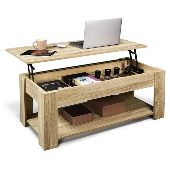 CAPHAUS Lift Top Coffee Table w/ Storage, Storage Coffee Table w/ Lift Top for Living Room, Rising Tabletop Coffee Table w/ Hidden Compartment, Coffee Table w/ Bottom Open Shelf, 41" Natural Oak