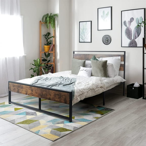 CAPHAUS Metal Bed Frame with Modern Wood Headboard and Footboard, Mattress Foundation, Metal Platform Bed with Premium Steel Frame, Noise-Free, No Box Spring Needed, Queen Size, Rustic Oak