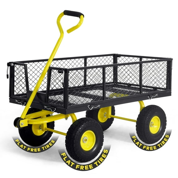 CAPHAUS Metal Black Garden Cart, w/ 180° Adjustable Yellow Handle, w/ Mat and Strap, Heavy Duty 880 lbs Capacity, w/ 10” Flat-Free Tires, Sides Removable, Utility Wagon, Lawn Cart, for Garden, Yard