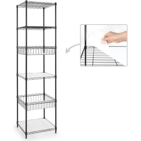 CAPHAUS NSF Adjustable Height 6 Tier Wire Shelving Unit w/ Basket & Liner, Storage Rack Corner Shelves, Metal Storage Rack for Kitchen, Bathroom, Laundry Closet, Wire Shelving w/ Basket Shelves Black