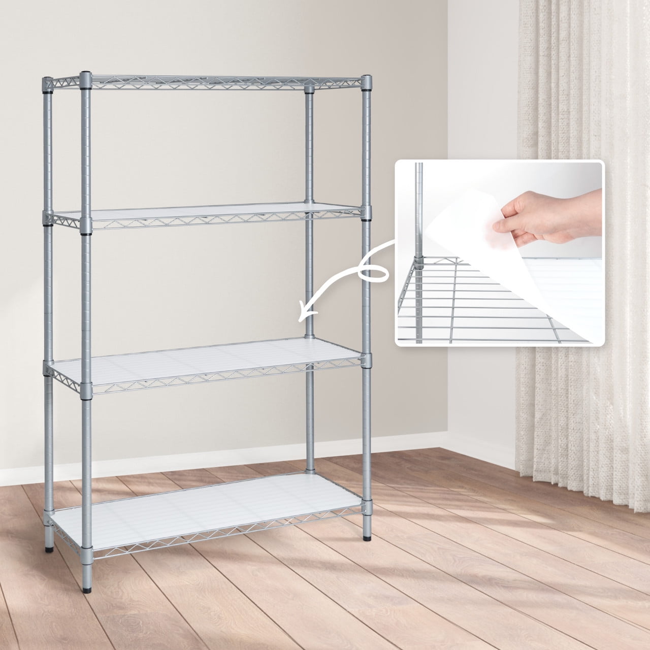 CAPHAUS NSF Adjustable Shelves Metal Wire Shelving Unit w/ Liners, Kitchen Storage Shelving, Metal Steel Storage Shelving, Garage Shelving Storage Organizer, Utility Shelf, 4-Tier No Wheels, Silver