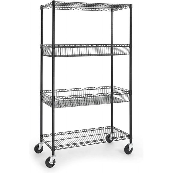 CAPHAUS NSF Commercial Heavy Duty 4 Tier Wire Shelving w/ Two Rectangle Baskets, Wheels, Leveling Feet, Storage Metal Shelf, Basement Garage Shelving Storage, Utility Wire Rack Storage Shelving Black