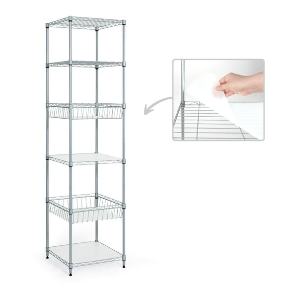 CAPHAUS NSF Wire Shelving Unit w/ Baskets & Liner, Storage Rack Corner Shelves, Storage Rack Kitchen, Bathroom, Laundry Closet, Wire Shelving Basket Shelves, Silver Grey, 6 Tier