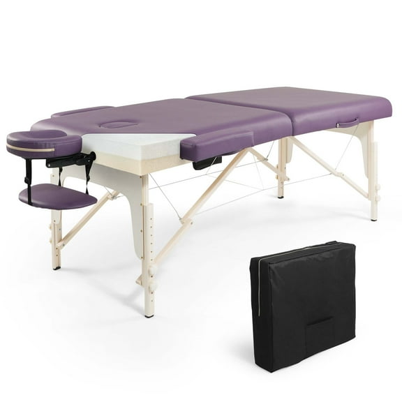 CAPHAUS Premium Memory Foam Massage Table, 84 Inch Foldable & Portable Massage Bed, Height Adjustable Spa Bed, Facial Cradle Salon Bed with High Quality Wooden Legs & Carry Case, 32 Inch Wide, Purple