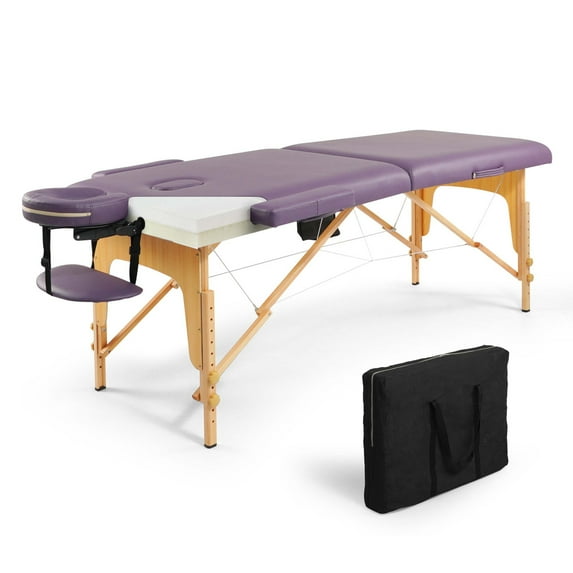 CAPHAUS Premium Memory Foam Massage Table, 84 Inch Foldable & Portable Massage Bed, Height Adjustable Spa Bed, Facial Cradle Salon Bed with High Quality Wooden Legs & Carry Case, 28 Inch Wide, Purple