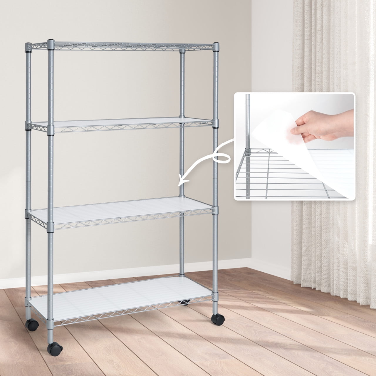 Silver 4-Tier Adjustable Metal Wire Shelving Unit with Wheels
