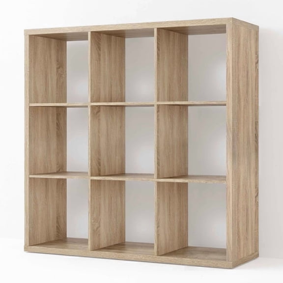 CAPHAUS Sturdy Room 13-Inch Cube Storage Organizer Shelf, with Extra Thick Exterior Edge, Open Storage Shelf Divider, Bookcase, 9-Cube, Natural Oak