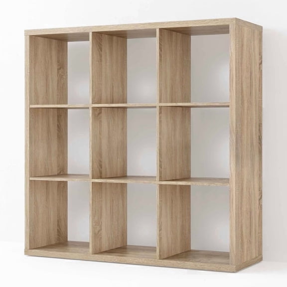 CAPHAUS Sturdy Room 13-Inch Cube Storage Organizer Shelf, with Extra Thick Exterior Edge, Open Storage Shelf Divider, Bookcase, 9-Cube, Natural Oak