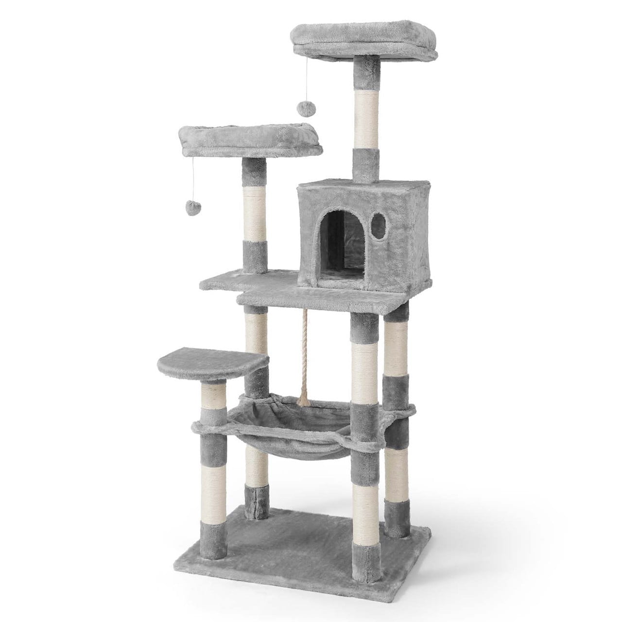 58-Inch Light Grey Multi-Level Cat Activity Tree with Sisal Posts