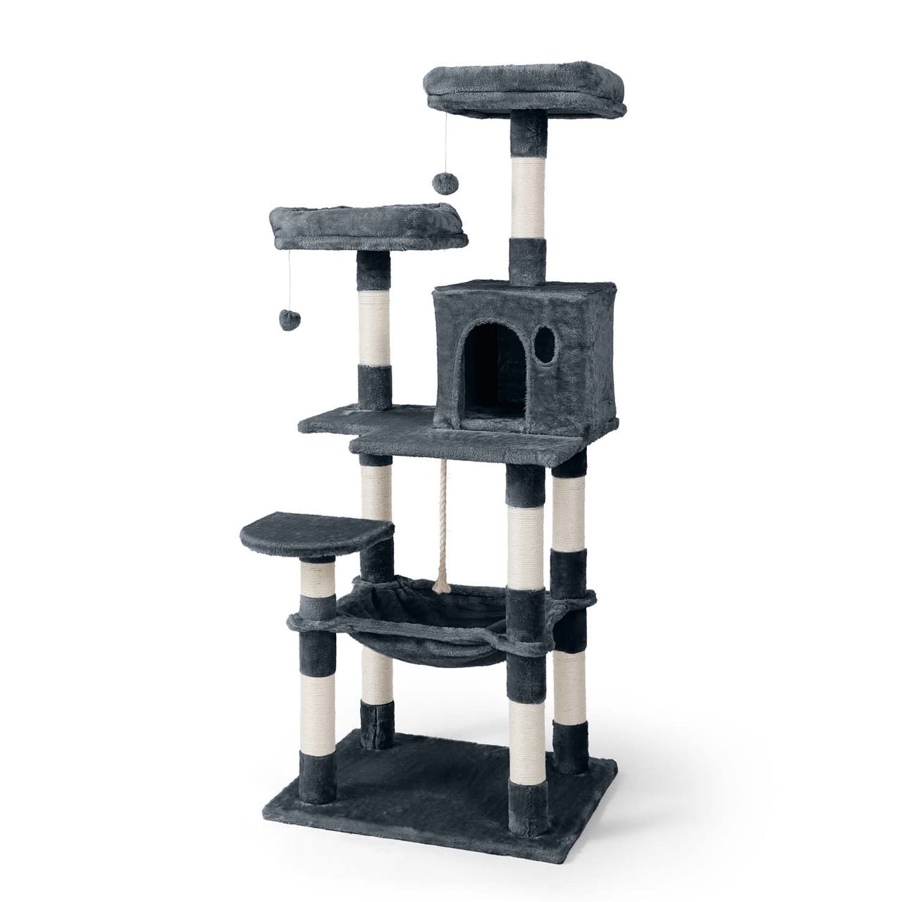 Smoky Grey 58-Inch Multi-Level Cat Tree with Hammock and Scratching Posts