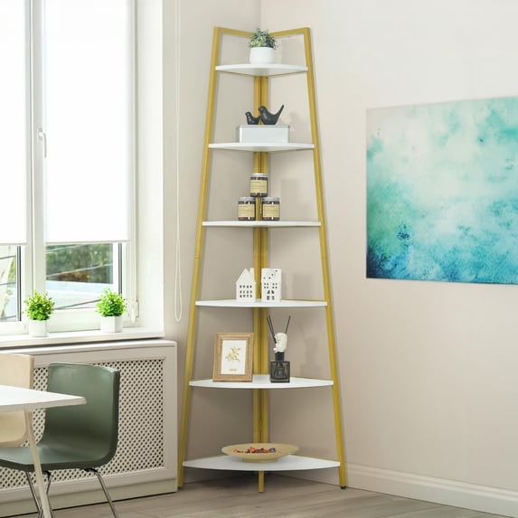 CAPHAUS Tall Corner Shelf Stand, 6-Tier Display Shelves, Ladder Corner Wood Storage Plant Bookshelf with Metal Frame, Versatile Shelving Unit Bookcase for Home Office Space, Gold