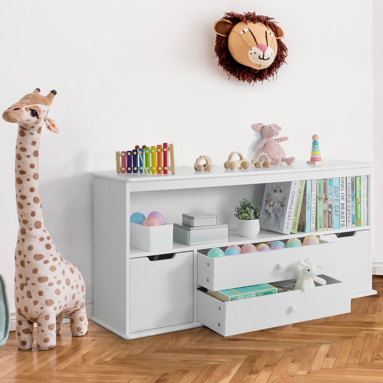 CAPHAUS 4 Drawer Toy Storage Organizer 52 AuW x 13 AuD x 24.4 AuH Playroom Organization Cabinet Kids Wooden Shelves White Walmart
