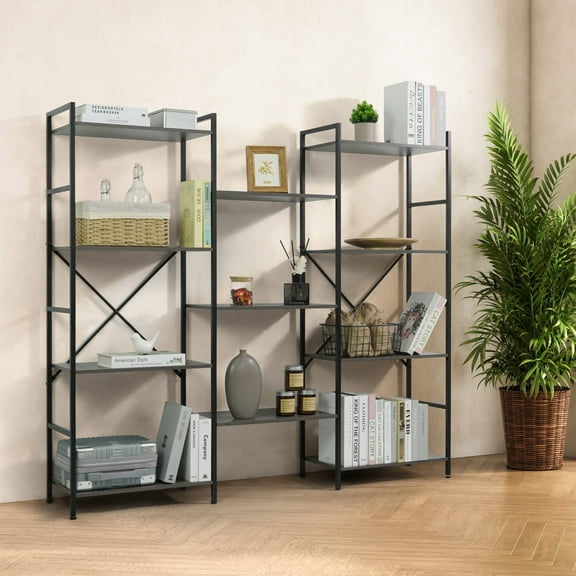 CAPHAUS Triple Column 4 Tier Bookshelf, Industrial Triple Bookcase with 11 Open Display Shelves, Adjustable Wide Shelf for Living Room, Bedroom, Home and Office, Dark Grey