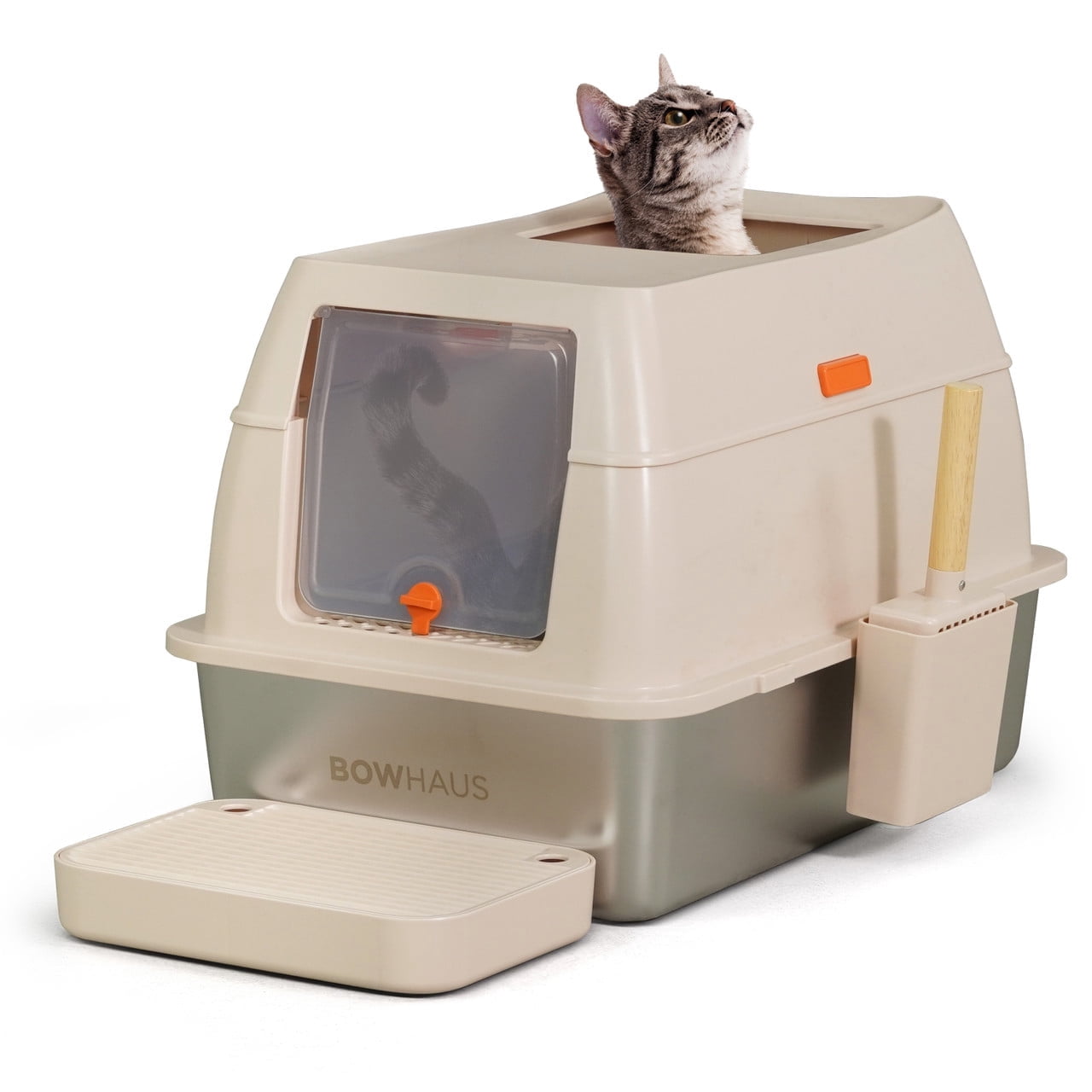 CAPHAUS XL 3 in 1 Enclosed Stainless Steel Cat Litter Box w/ Lid, Extra Large High Sided Metal Cat Litter Pan, High Sided Steel Litter Box w/ Scoop, Odor Control, Easy Clean & Anti-Leakage, Beige