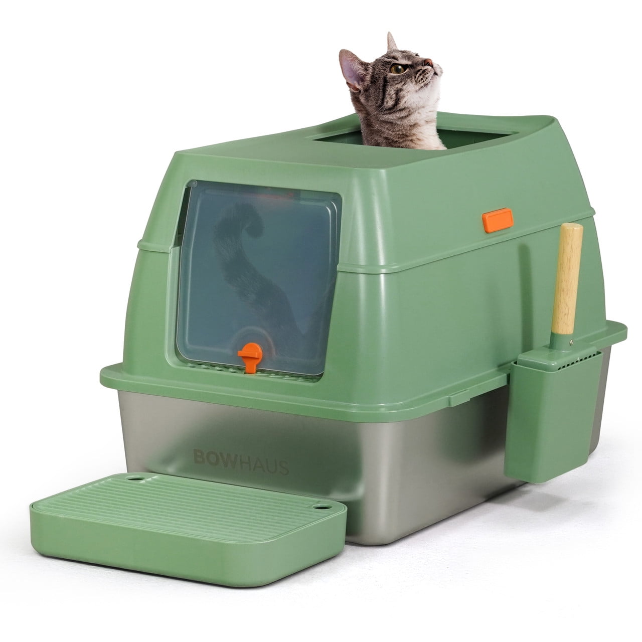 CAPHAUS XL 3 in 1 Enclosed Stainless Steel Cat Litter Box w/ Lid, Extra Large High Sided Metal Cat Litter Pan, High Sided Steel Litter Box w/ Scoop, Odor Control, Easy Clean & Anti-Leakage, Green