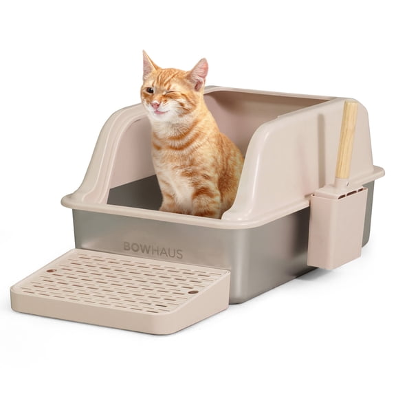 CAPHAUS XL Enclosed Stainless Steel Cat Litter Box with Lid, Extra Large High Sided Metal Cat Litter Pan w/ Scoop, Odor Control Design, Easy Clean & Anti-Leakage, High Sided Steel Litter Box, Beige
