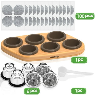 CAPMESSO Reusable Nespresso Coffee Capsules,6pcs Metal Refillable Pods with 100 Lids & Wood Tray