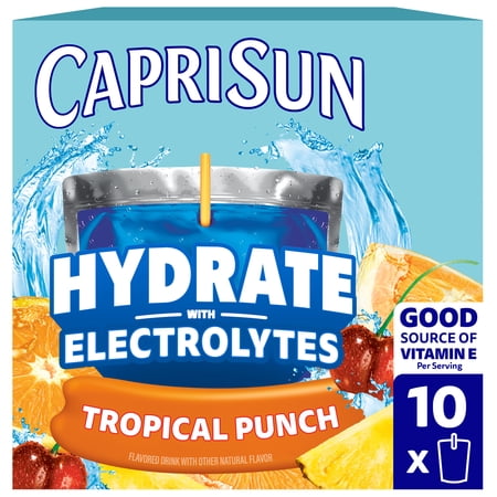 Capri Sun Hydrate with Electrolytes Flavored Drink with Other Natural Flavor, 10 Pouches, for On-the-Go Hydration and School Lunches, Tropical Punch, Good Source of Vitamin E, 6 oz