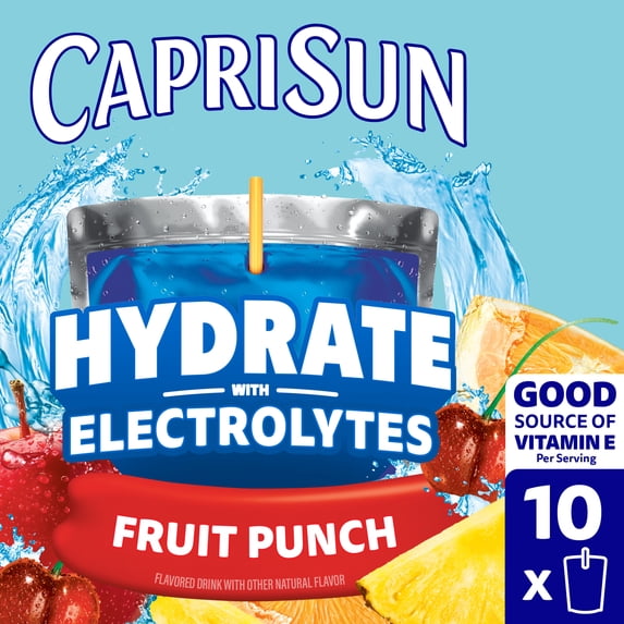 Capri Sun Hydrate with Electrolytes Flavored Drink with Other Natural Flavor, 10 Pouches, for On-the-Go Hydration and School Lunches, Fruit Punch, Good Source of Vitamin E, 6 oz