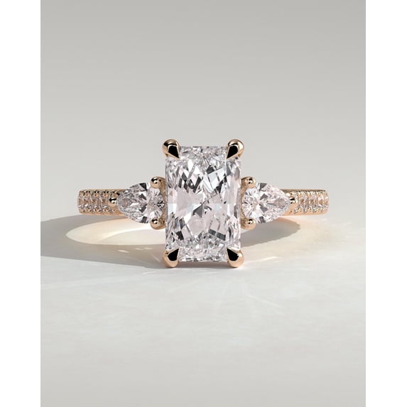 CAPRICARATS 3.00Ct Radiant Cut Lab Grown Diamond Trilogy Engagement Ring, Pave Band, 10K Rose Gold