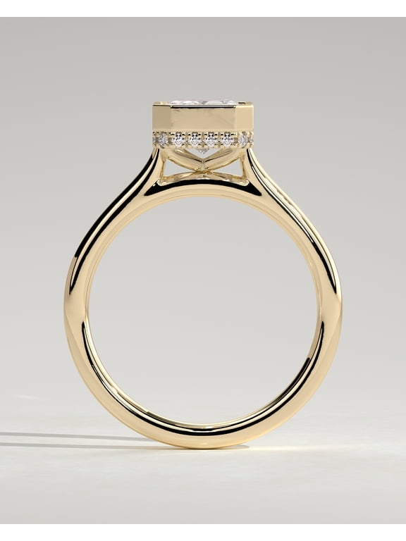 3.00Ct Radiant Cut Moissanite Bezel Set Ring, Hidden Halo Cathedral, 10K Yellow Gold