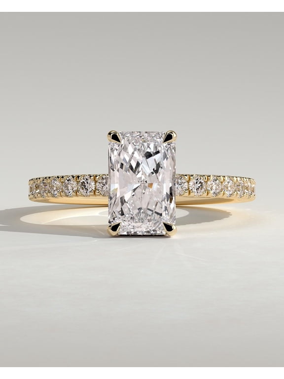 3.00Ct Radiant Cut Moissanite Engagement Ring, Hidden Halo & Pave Band, 10K Yellow Gold