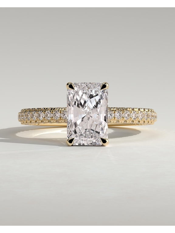 3.00Ct Radiant Cut Moissanite Engagement Ring, Triple Pave Hidden Halo, 10K Yellow Gold