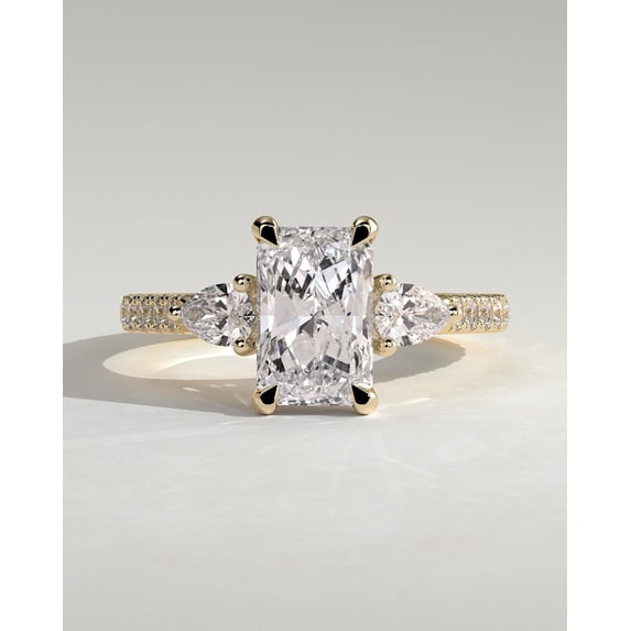 CAPRICARATS 3.00Ct Radiant Cut Moissanite Trilogy Engagement Ring, Pave Band, 18K Yellow Gold