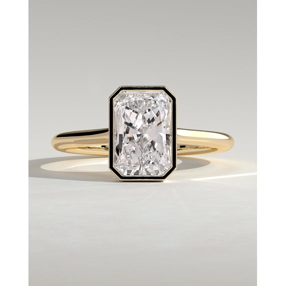 CAPRICARATS 3.00Ct Radiant Lab Grown Diamond Bezel Set Engagement Ring, Cathedral, 14K Yellow Gold