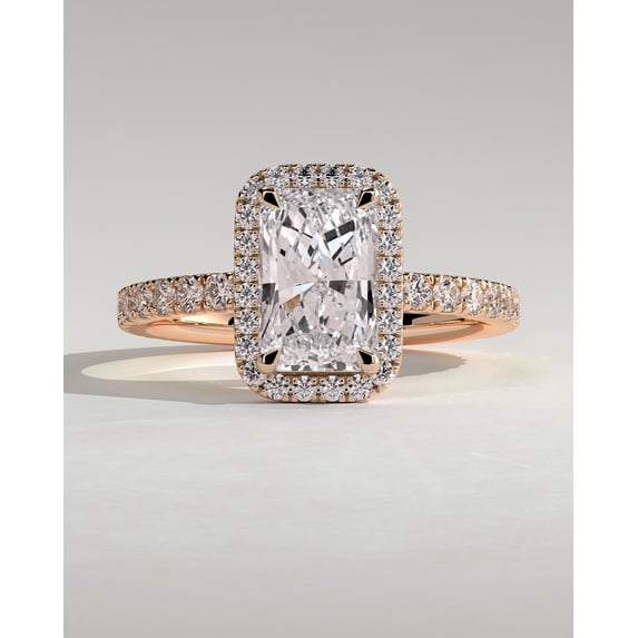 CAPRICARATS 3.00Ct Radiant Lab Grown Diamond Halo Engagement Ring, Pave Band, 18K Rose Gold